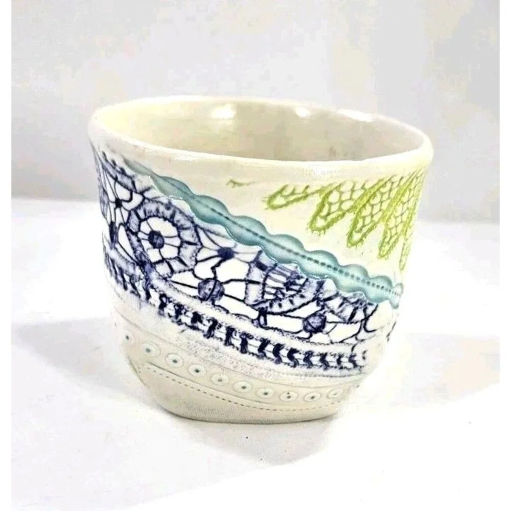 Studio Art Pottery Slab Built Coffee Tea Mug Abstract Floral Blue Green White Lg